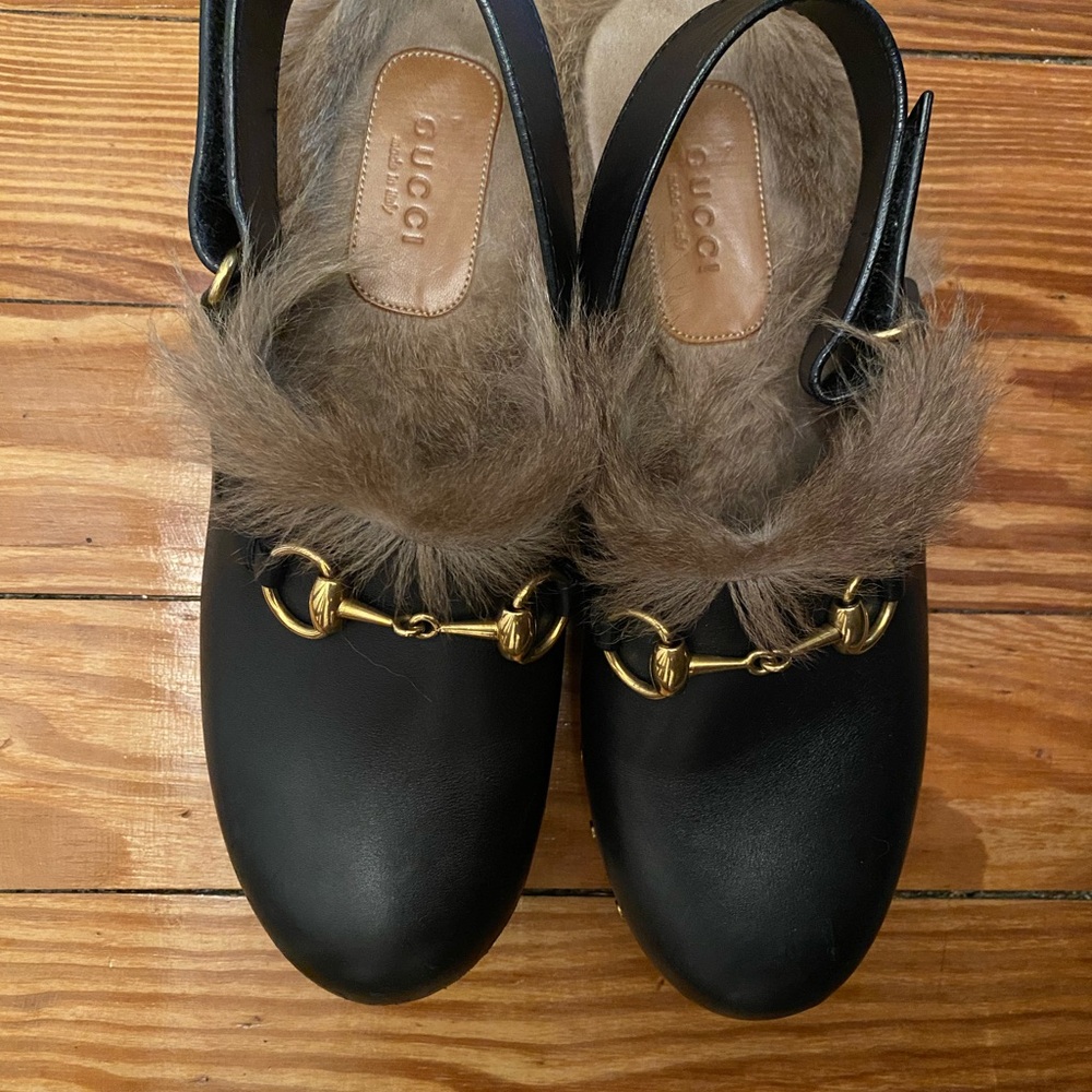 Gucci Black Mules with Gold Accents and Fur Trim - Picture 9 of 9